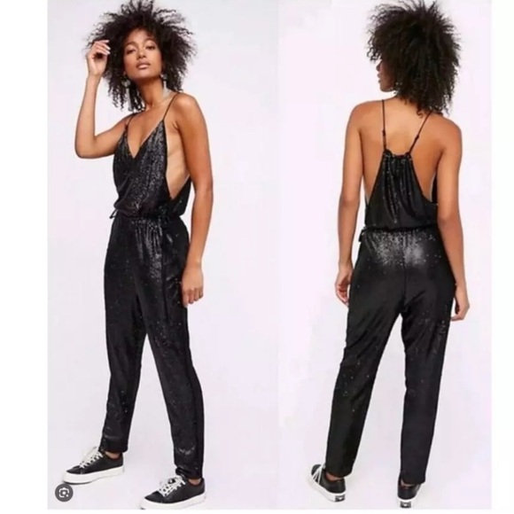 Free People Black Sequin Jumpsuit with Tapered Legs Size‎ Small - Picture 12 of 13